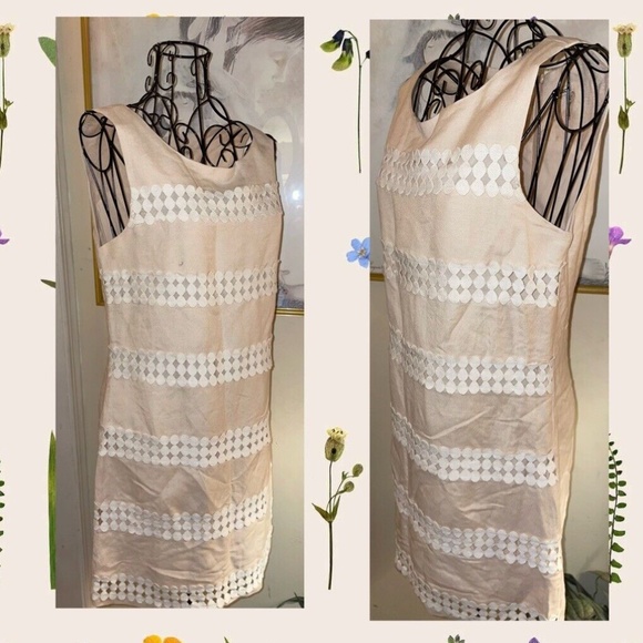 LUCY & CO., BEIGE SHIFT DRESS W/WHITE EYELET DETAILING~SLEEVELESS~US SMALL - Picture 2 of 3